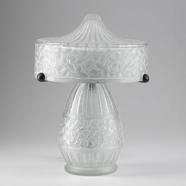 DAUM; Table lamp: DAUM; Table lamp, Nancy, France, ca. 1930; Acid-etched glass, patinated iron, single socket; Etched DAUM NANCY FRANCE CROSS OF LORRAINE; 17'' x 12 1/2''