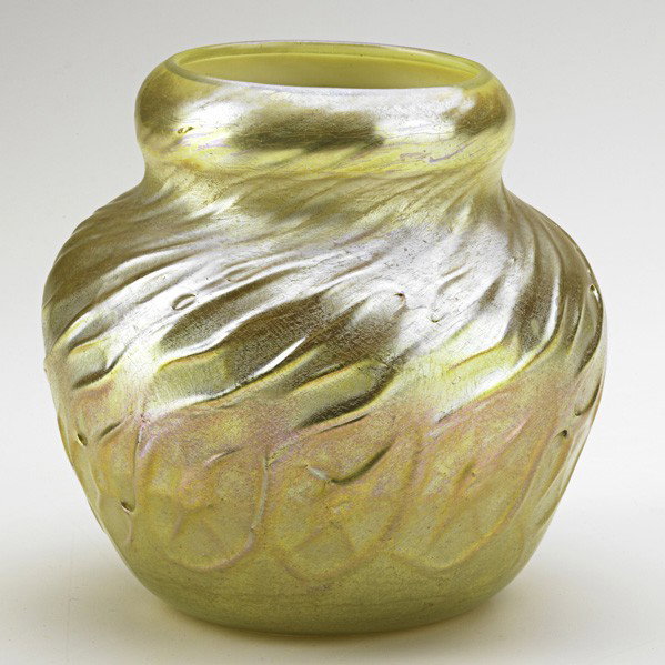 TIFFANY STUDIOS; Gold Favrile glass vase: TIFFANY STUDIOS; Gold Favrile glass vase with relief decoration, New York; Signed L.C.T. 0827; 4 3/4'' x 5''