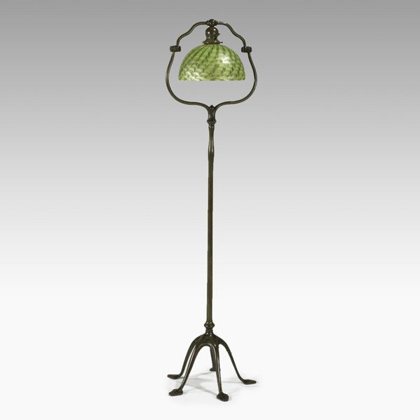 TIFFANY STUDIOS; LUNDBERG STUDIOS; Floor Lamp: TIFFANY STUDIOS; LUNDBERG STUDIOS; Adjustable floor lamp with harp top and comtemporary shade, New York; Patinated bronze, glass shade; Shade signed Lundberg Studios, base stamped TIFFANY STUDIOS NEW 