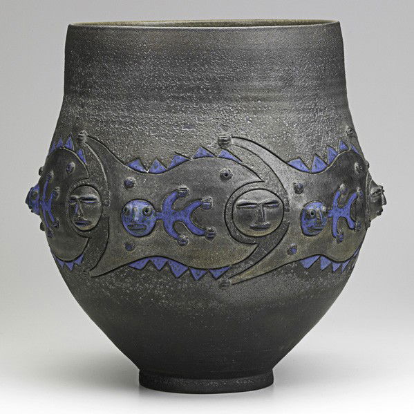SCHEIER; Large earthenware vessel: SCHEIER; Large glazed earthenware vessel with primitive figures, bronze volcanic glaze, Green Valley, Arizona, 1983; Signed and dated; 13 3/4'' x 13''