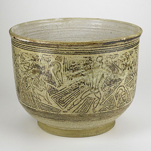 AARON BOHROD; CARLTON BALL; Jardinere: AARON BOHROD; CARLTON BALL; Incised and glazed stoneware jardinere, Wisconsin, 1950s; Signed A. Bohrod and F.C. Ball; 10'' x 12''