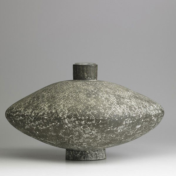CLAUDE CONOVER; Glazed vessel: CLAUDE CONOVER; Glazed hand built earthenware vessel, ''Mezcala,'' Ohio, 1970s; Signed Conover and titled; 12'' x 15''