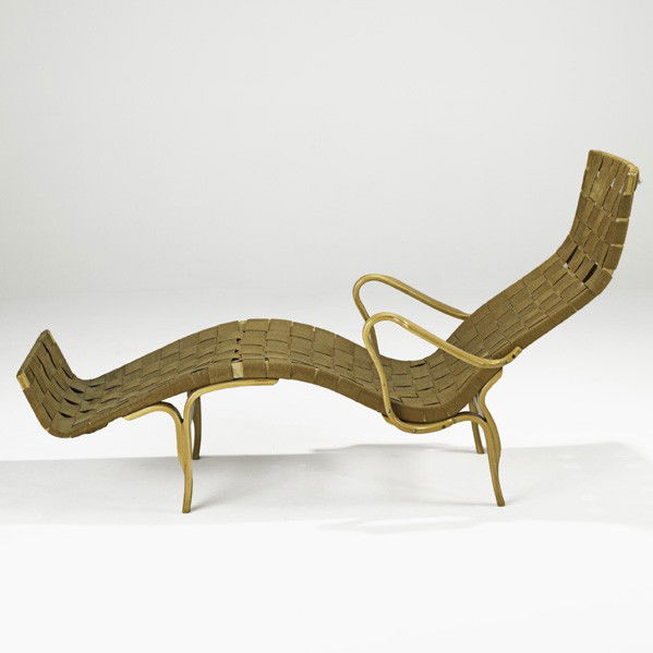 BRUNO MATHSSON; Pernilla chaise longue: BRUNO MATHSSON; KARL MATHSSON; Pernilla chaise longue, Sweden, 1940s; Laminated beech, canvas; Branded Bruno Mathsson Design Made In Sweden; 36'' x 25'' x 68''