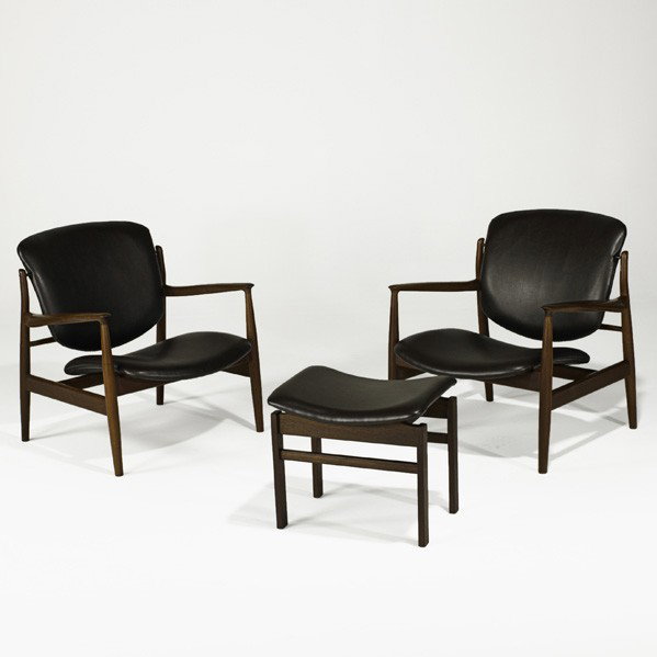 FINN JUHL; Pair of lounge chairs with ottoman: FINN JUHL; FRANCE AND SONS; Pair of lounge chairs with ottoman, France, 1958; Teak, recycled leather, enameled metal; France and Sons and John Stuart metal labels; Chair: 31'' x 31 1/2'' x 31, ottoman