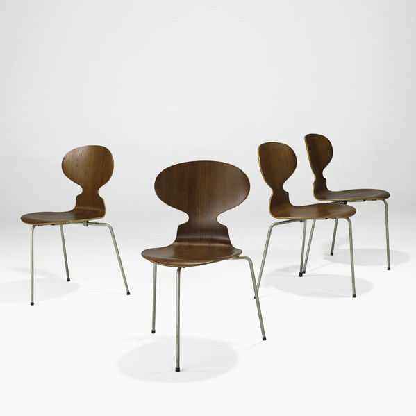 ARNE JACOBSEN; Four Ant chairs: ARNE JACOBSEN; FRITZ HANSEN; Set of four Ant chairs, Denmark, 1960s; Teak, matte chromed steel, rubber; Stamped and paper labels; 30 1/2'' x 20 1/2'' x 19''