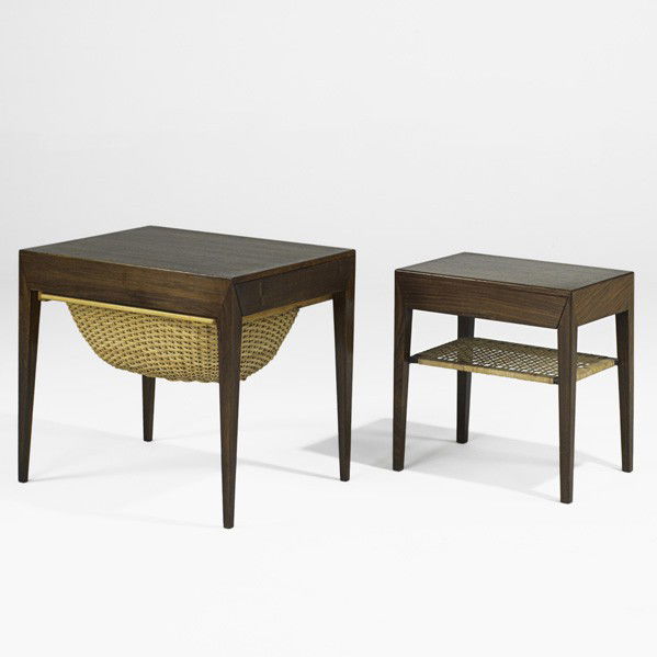 SEVERIN HANSEN; Sewing table and nightstand: SEVERIN HANSEN; HASLEV MOBELSNEDKERI: Sewing table and nightstand, Denmark, 1960s; Rosewood, cane; Unmarked; Sewing table: 19 3/4'' x 23 1/2'' x 17 1/2'', nightstand: 17 1/2'' x 17 3/4'' x 12 1/4''