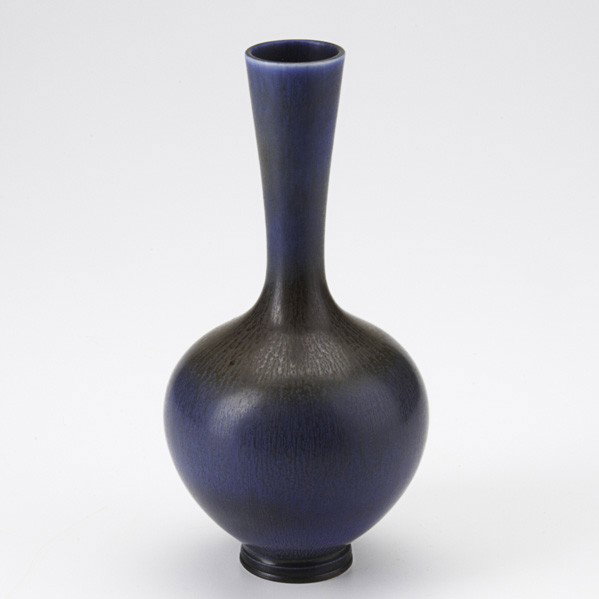 BERNDT FRIBERG; GUSTAVSBERG; Vase: BERNDT FRIBERG; GUSTAVSBERG; Bottle-shaped stoneware vase, indigo and brown hare's fur glaze, Sweden, 1960s; Incised Friberg with hand; 8 3/4'' x 4 1/4''