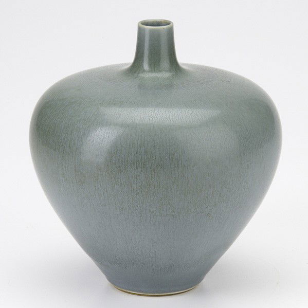 BERNDT FRIBERG; GUSTAVSBERG; Vase: BERNDT FRIBERG; GUSTAVSBERG; Stoneware vase with flat shoulder, blue-grey hare's fur glaze, Sweden, 1960s; Incised Friberg with hand; 7 1/4'' x 6''