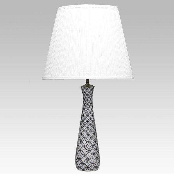 GUIDO GAMBONE; Table lamp: GUIDO GAMBONE; Glazed ceramic table lamp, Italy, 1950s; Donkey mark, Gambone Italy, with paper label 6017; Base: 15 1/2'' x 4 1/2'', overall: 30 1/2'' x 16 1/2''
