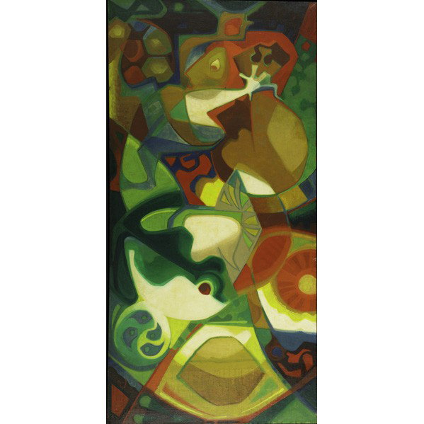 TOMMI PARZINGER; Oil on burlap: TOMMI PARZINGER; Oil on burlap (framed), ''Frog and Gnome,'' New York, 1966; Provenance: passed by descent to current owner; Signed TP, brass label FROG AND GNOME PARZINGER 1966; Canvas: 24'' x 48 1/2