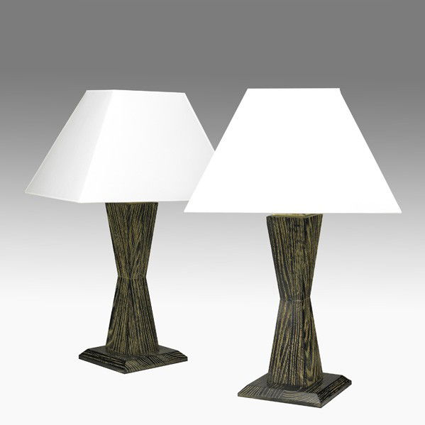 JAMES MONT; Pair of lamps: JAMES MONT; JAMES MONT DESIGNS; Pair of table lamps, USA, 1950s; Painted and limed oak, brass, new paper shades, single socket; Unmarked; Overall: 27'' x 18'' x 12''