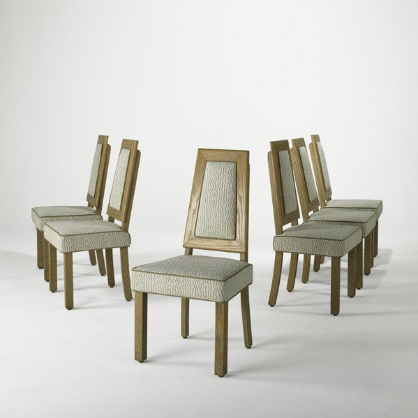 JAMES MONT; Set of six dining chairs: JAMES MONT; JAMES MONT DESIGNS; Set of six dining chairs, USA, 1950s; Limed oak, chenille; Unmarked; 38 1/2'' x 19'' x 21 1/2''