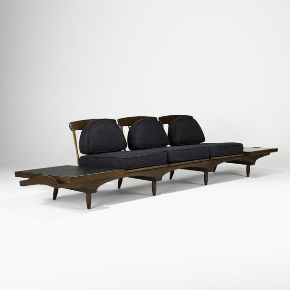 PHIL POWELL; Sofa and side tables: PHIL POWELL; Three-seat sofa with side tables, New Hope, PA, early 1970s; Walnut, hickory, slate, travertine, upholstery, webbing; Unmarked; 29 3/4'' x 123 1/4'' x 34''