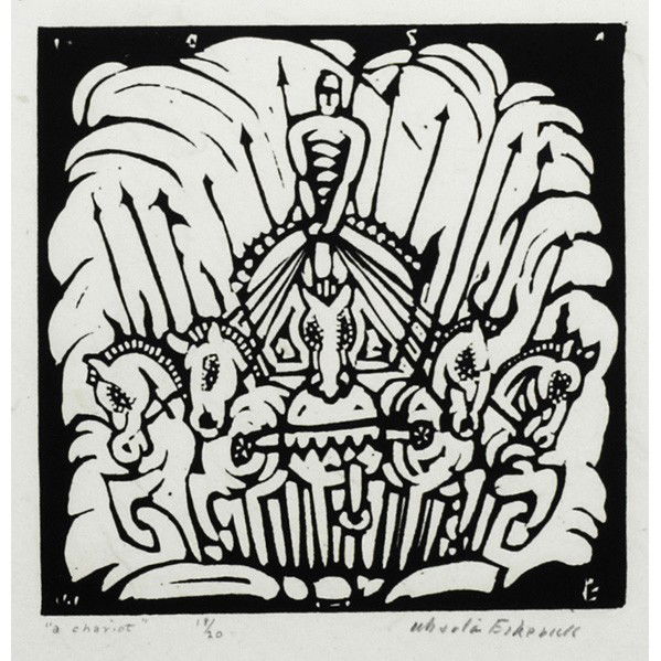 WHARTON ESHERICK; Three woodblock prints: WHARTON ESHERICK; Three woodblock prints (matted), Paoli, PA, 1920s; ''Solomon had a Vineyard'' (from The Song of Solomon), image: 4 3/4'' sq.; ''A Door,'' image: 3 1/2'' sq.; ''A Chariot,'' image: 4