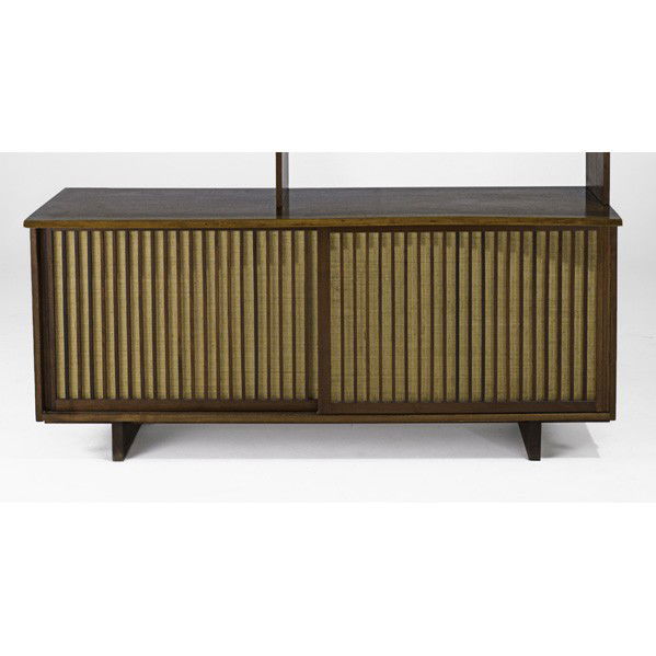 GEORGE NAKASHIMA; Two-door cabinet: GEORGE NAKASHIMA; NAKASHIMA STUDIOS; Two-door cabinet (wide), New Hope, PA, 1965; Walnut, pandanus cloth; Provenance available: Copy of original receipt; Signed George Nakashima with date and name of