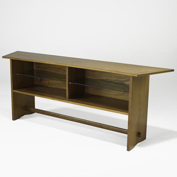 GEORGE NAKASHIMA; WIDDICOMB; Origins cabinet: GEORGE NAKASHIMA; WIDDICOMB; Origins cabinet, Grand Rapids, MI, 1960s; Walnut, glass; Widdicomb label; 30'' x 80'' x 17 1/4''