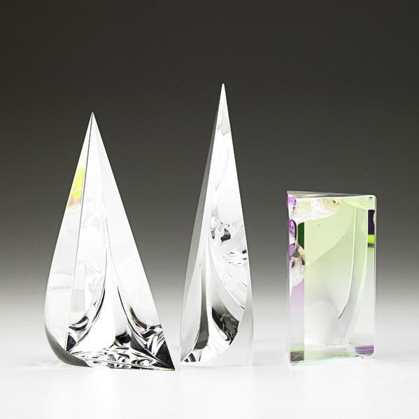 CHRISTOPHER RIES AND STEVE MASLACH; Sculptures: CHRISTOPHER RIES AND STEVE MASLACH; Three glass sculptures: ''Falling Petals,'' ''Sail,'' and untitled, USA, 1995-1997; Signed and dated; Tallest: 8 1/4'' x 4 1/2'' x 2 1/4''