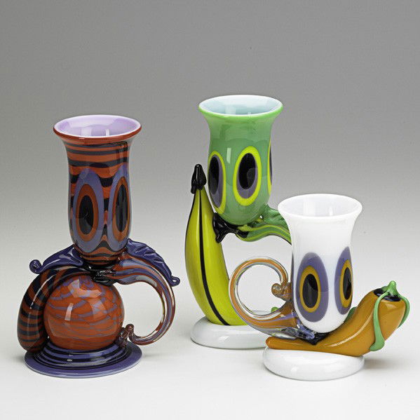 ROBERT LEVIN; Three vases: ROBERT LEVIN; Three glass vases including banana and hot pepper, Burnsville, North Carolina, 1980 and 1981; Each signed Robert Levin and dated; Banana: 8 3/4'' x 4 3/4''