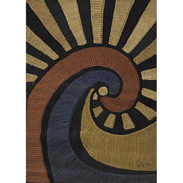 AFTER ALEXANDER CALDER; BON ART; Tapestry: AFTER ALEXANDER CALDER; BON ART; Jute fiber tapestry, ''A Swirl,'' Nicaragua, 1974; Embroidered CA 74, cloth label, edition 36/100; Certificate of Authenticity; 74'' x 50 1/2''