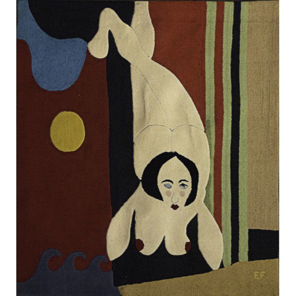 EDWARD FIELDS; Carpet: EDWARD FIELDS; Wool carpet ''Winking Nude,'' USA, 1970s; Cloth label, titled and numbered 40918; 60'' sq.