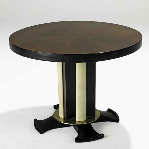 DOMINIQUE; Center table: DOMINIQUE; Center table, France, 1930s; Ebonized wood, rosewood, shagreen, brass; Unmarked; 23'' x 31 1/2'' dia