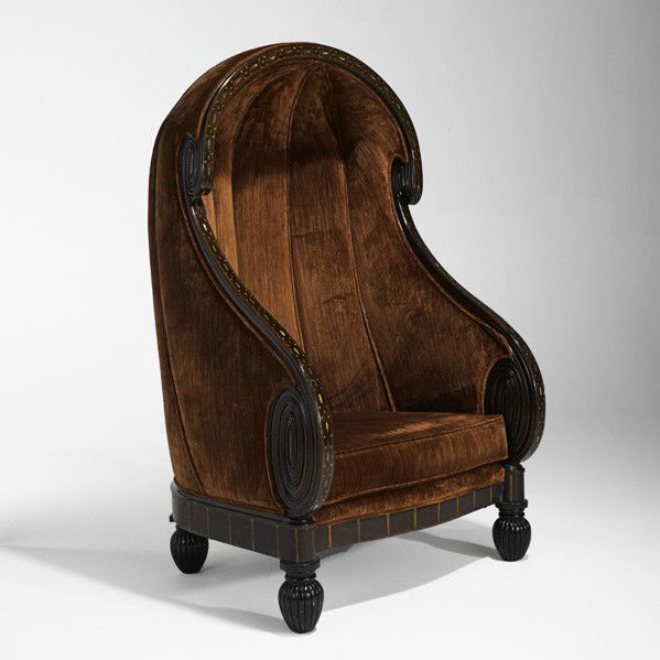MAURICE DUFRENE (Attr.); Chair: MAURICE DUFRENE (Attr.); Porter's chair, France, 1930s; Silk, mahogany, satinwood, mother of pearl, ebonized wood; Unmarked; 52'' x 34'' x 27 1/2''