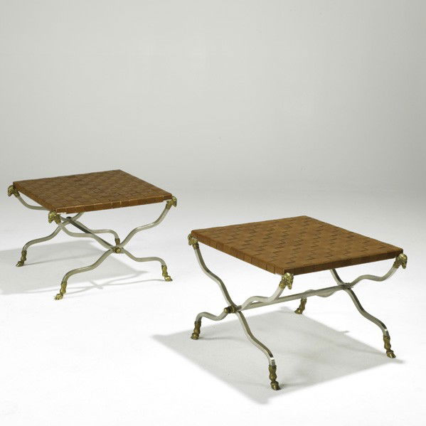 MAISON JANSEN; Pair of campaign benches: MAISON JANSEN; Pair of campaign benches, France, 1970s; Brushed steel, brass, leather; Unmarked; 15 1/4'' x 20'' sq.