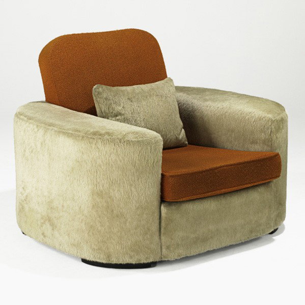 PAUL FRANKL; Club chair: PAUL FRANKL; Club chair, USA, ca. 1933-1934; Upholstery, ebonized wood; Unmarked; 32" x 42" x 38"; Note: this chair comes with a letter of authentication from Christopher Long, author of Paul T. Frank
