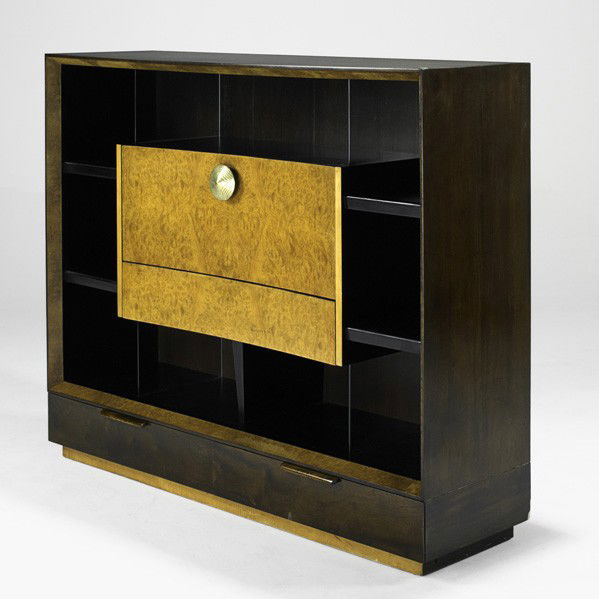 GILBERT ROHDE; HERMAN MILLER; Cabinet: GILBERT ROHDE; HERMAN MILLER; Cabinet with drop-down secretary desk (no. 4100), USA, 1940s; Walnut, paldao, bronze, glass; Unmarked; 49'' x 60'' x 17''