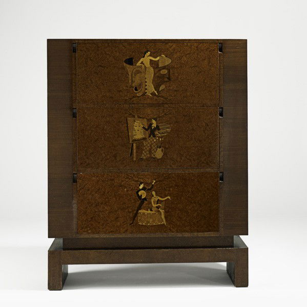 ANDREW SZOEKE; Drop-front cabinet: ANDREW SZOEKE; Drop-front cabinet decorated in marquetry, USA, ca. 1940; Burl, exotic woods, mahogany; Unmarked; 60'' x 48'' x 15 1/2''