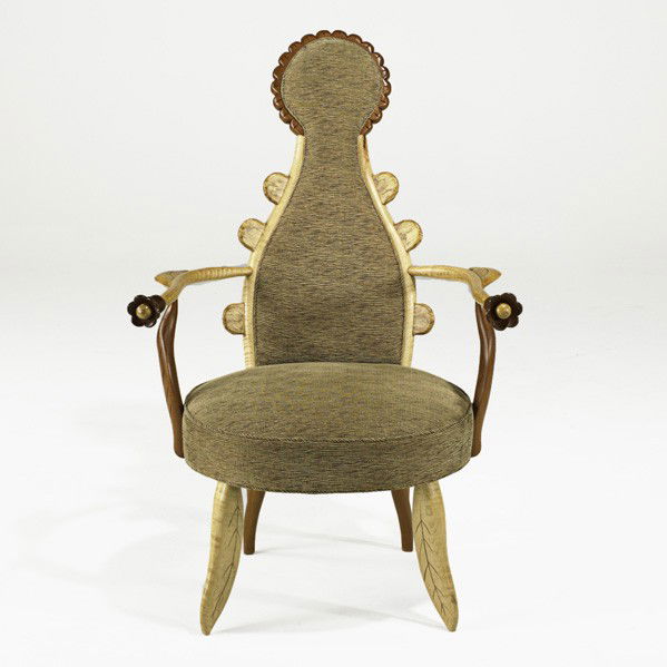 TOMMY SIMPSON; Armchair: TOMMY SIMPSON; Armchair, USA, 2001; Tiger maple, ambrosia maple, laurel, wool upholstery; Unmarked; 43 1/2'' x 28'' x 30''