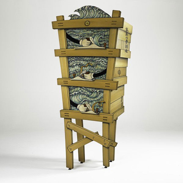 JOHN CEDERQUIST; Wave series cabinet: JOHN CEDERQUIST; Wave series three-drawer cabinet, California, ca. 1990; Birch, spruce, maple, resin; Provenance: Franklin Parrasch Gallery, New York; Signed; 86'' x 42'' x 15''