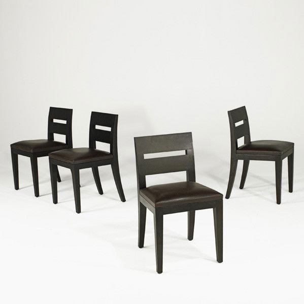 CHRISTIAN LIAIGRE; HOLLY HUNT; Four chairs: CHRISTIAN LIAIGRE; HOLLY HUNT; Set of four dining chairs, Chicago, 1990s; Mahogany, leather upholstery; Frames stamped; 31'' x 17 1/2'' x 19 3/4''