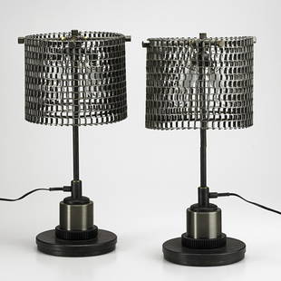 JASON WEIN; CLEVELAND ART; Pair of Conveyor lamps: JASON WEIN; CLEVELAND ART; Pair of Conveyor table lamps, Cleveland, OH, ca. 2010; Reclaimed metal parts; Unmarked; 20 1/2" x 10"