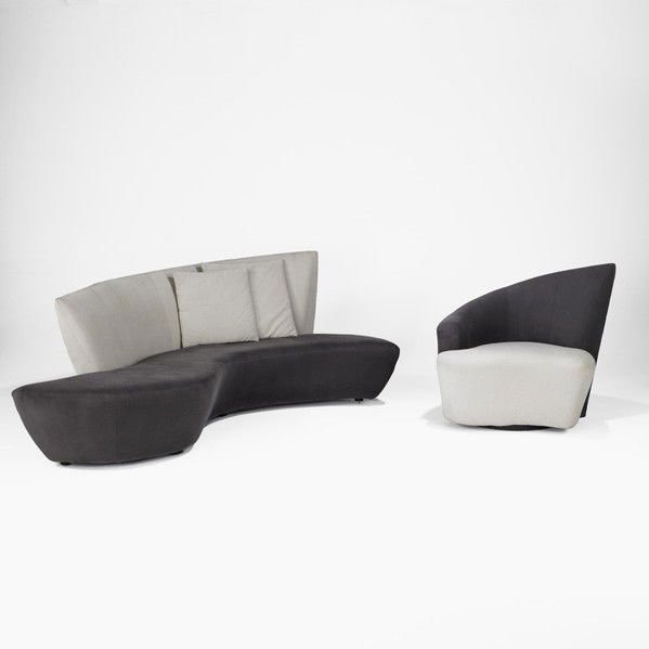 VLADIMIR KAGAN; Bilbao sofa and lounge chair: VLADIMIR KAGAN; WEIMAN PREVIEW; Bilbao sofa and lounge chair, USA, 1990s; Ultrasuede, painted wood; Unmarked; Sofa: 39'' x 97 1/2'' x 53'' (overall), chair: 37 1/2'' x 34'' x 36''