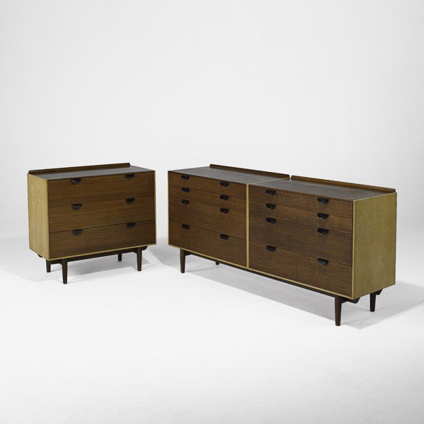 FINN JUHL; BAKER; Two dressers: FINN JUHL; BAKER; Two dressers, Denmark, ca. 1951; Walnut, beech, enameled metal; Metal labels; 33 1/4'' x 72'' x 19 1/2'', 33 1/4'' x 36'' x 19 1/2''