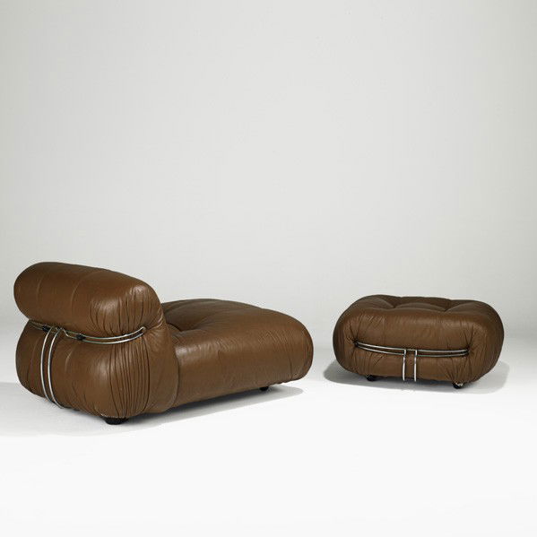 AFRA AND TOBIA SCARPA; Lounge chair & ottoman: AFRA AND TOBIA SCARPA; CASSINA; Soriana lounge chair and ottoman, Italy, 1970s; Leather, chromed steel, plastic; Both pieces have Cassina label; Chair: 27 1/2'' x 36'' x 54'', ottoman: 16 1/2'' x 36''