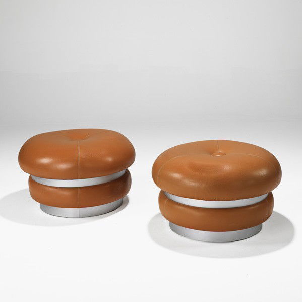 MAURICE CALKA (Attr.); Pair of poufs: MAURICE CALKA (Attr.); LELEU DESHAYS; Pair of poufs, France, 1960s; Leather, aluminum; Unmarked; 16'' x 26''