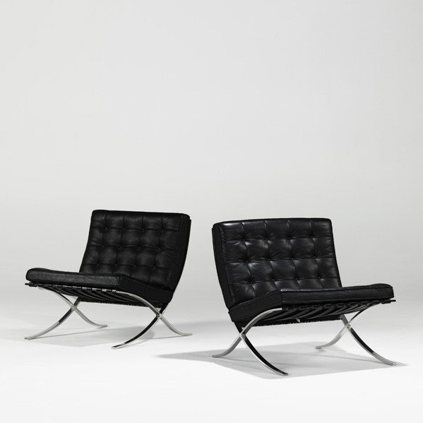 LUDWIG MIES VAN DER ROHE; Pair of Barcelona chair: LUDWIG MIES VAN DER ROHE; KNOLL INTERNATIONAL; Pair of Barcelona chairs, Germany, 1986; Black leather, stainless steel; 30 1/2'' x 30 1/2'' x 30''