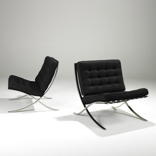 LUDWIG MIES VAN DER ROHE; Barcelona chairs: LUDWIG MIES VAN DER ROHE; KNOLL INTERNATIONAL; Pair of Barcelona chairs, Germany, 1960s; Polished stainless steel, wool; Stamped KP, one partial Knoll label; 30'' x 30'' x 29''