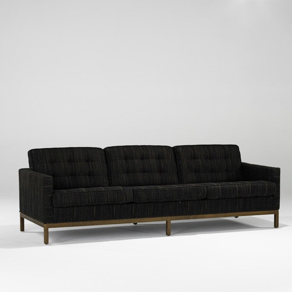FLORENCE KNOLL; KNOLL ASSOCIATES; Sofa: FLORENCE KNOLL; KNOLL ASSOCIATES; Three-seat sofa, USA, 1960s; Wool upholstery, walnut; Unmarked; 29 1/2'' x 90 1/2'' x 36''