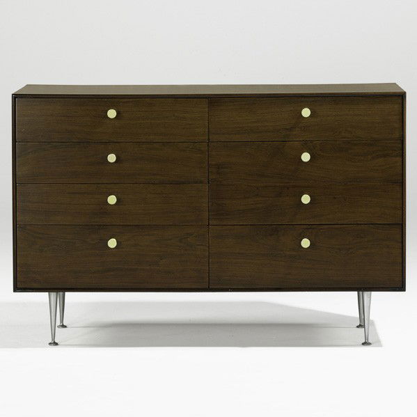 GEORGE NELSON; HERMAN MILLER; Dresser: GEORGE NELSON; HERMAN MILLER; Thin Edge eight-drawer dresser (no. 5221), USA, 1950s; Rosewood, aluminum, porcelain; Foil label; 30 1/2'' x 46 3/4'' x 18 1/2''