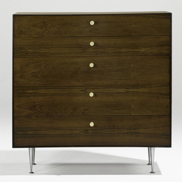 GEORGE NELSON; HERMAN MILLER; Dresser: GEORGE NELSON; HERMAN MILLER; Thin Edge five-drawer dresser (no. 5240), USA, 1950s; Rosewood, aluminum, porcelain; Foil label; 40 1/2'' x 40'' x 18 1/2''