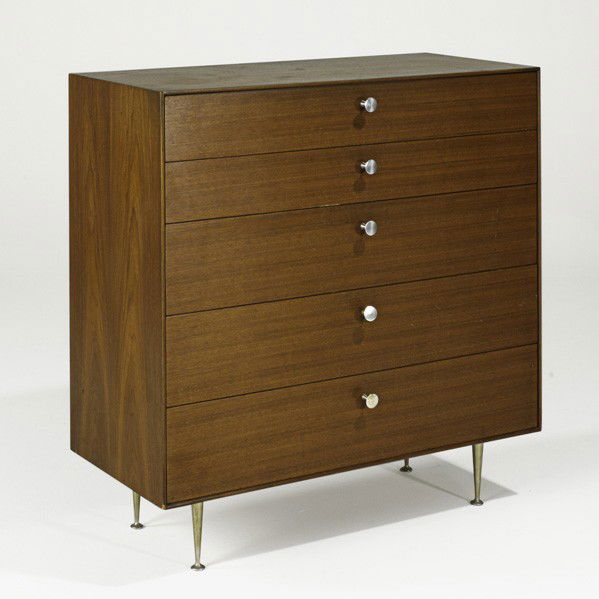 GEORGE NELSON; HERMAN MILLER; Dresser: GEORGE NELSON; HERMAN MILLER; Thin Edge dresser, model 5240, USA, 1950s; Walnut, polished and brushed aluminum; Foil label; 41'' x 40'' x 19 1/2''