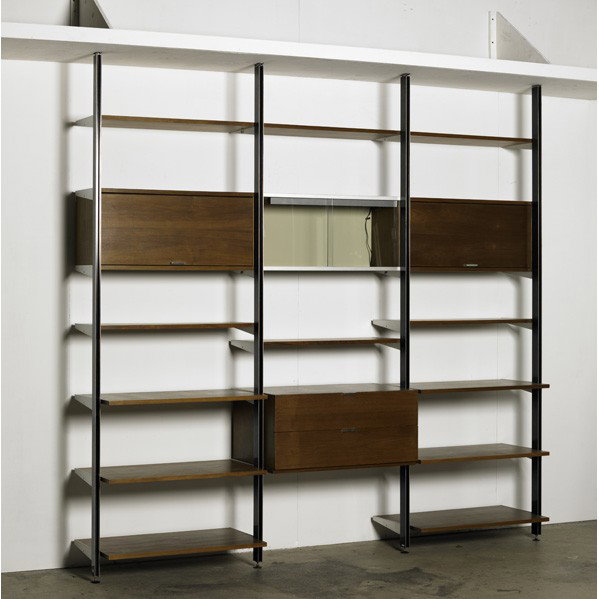 GEORGE NELSON; Comprehensive Storage System: GEORGE NELSON; HERMAN MILLER; Comprehensive Storage System (CSS), USA, 1960s; Walnut, aluminum, enameled aluminium, enameled wood, glass; Metal label; 94'' x 97 1/2'' x 18 1/2''