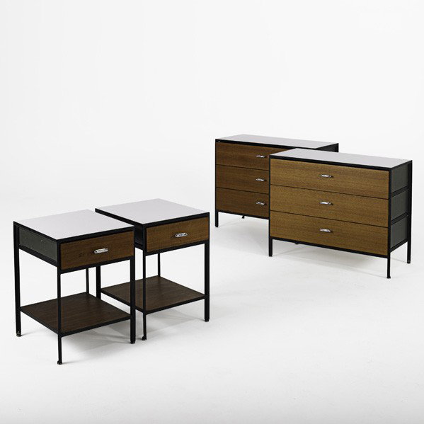 GEORGE NELSON; Pair of dressers and nightstands: GEORGE NELSON; HERMAN MILLER; Pair of Steelframe dressers and nightstands, USA, 1950s; Laminate, enameled steel, walnut, chromed metal; Nightstands and one dresser have metal labels; Dressers: 29 1/2'