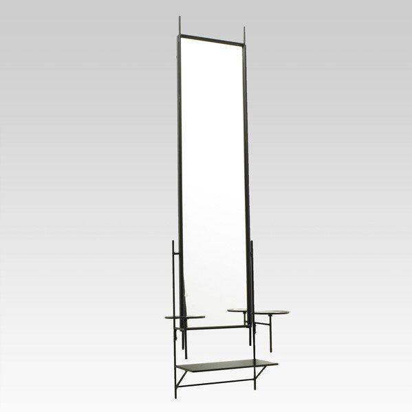 PAUL McCOBB; Mirror: PAUL McCOBB; BRYCE ORIGINALS/FURNWOOD CORP; Wall-hanging mirror, USA, 1953; Enameled steel, black glass, mirrored glass; Unmarked; As pictured, 62 1/2'' x 20'' x 8 1/2''