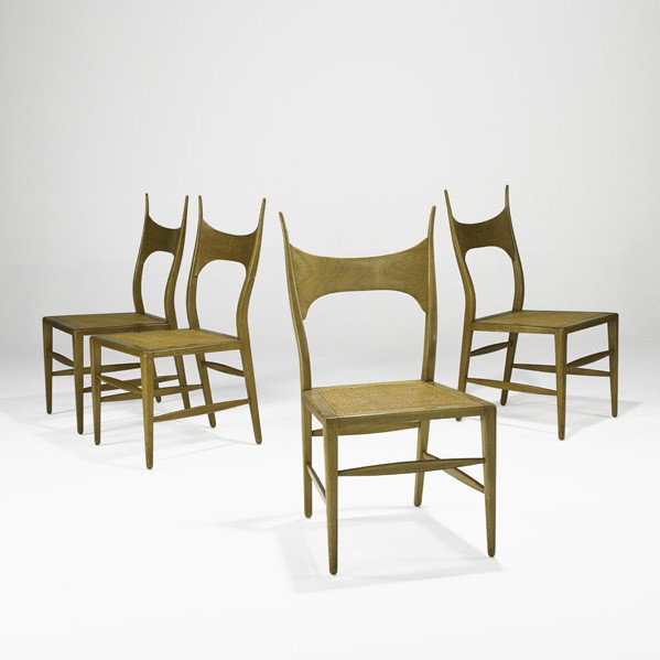 EDWARD WORMLEY; DUNBAR; Set of four dining chairs: EDWARD WORMLEY; DUNBAR; Set of four dining chairs (no. 5580), USA, 1950s; Bleached mahogany, cane; Brass labels; 37'' x 19'' x 22''