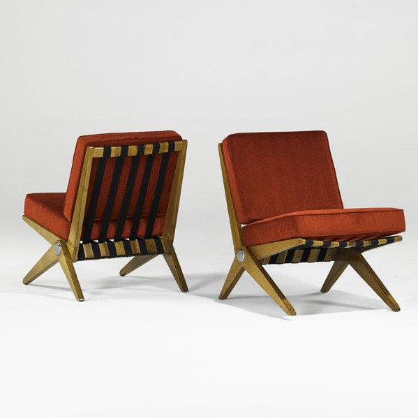 PIERRE JEANNERET; Pair of Scissor chairs: PIERRE JEANNERET; KNOLL ASSOCIATES INC; Pair of Scissor chairs, USA, 1950s; Birch, wool upholstery, chromed steel, canvas straps; Decal to one; 31'' x 21'' x 28''