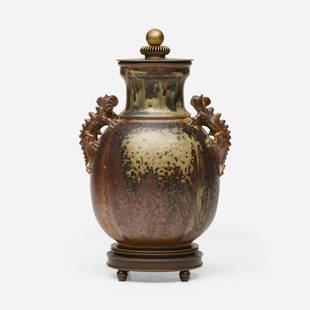 Bode Willumsen and Knud Andersen, Covered vase=: Bode Willumsen and Knud Andersen Covered vase on stand Royal CopenhagenDenmark, 1944glazed stoneware, bronze 10.5 h x 5.5 w x 6.5 d in (27 x 14 x 17 cm) Vase features dragon handles. Inc